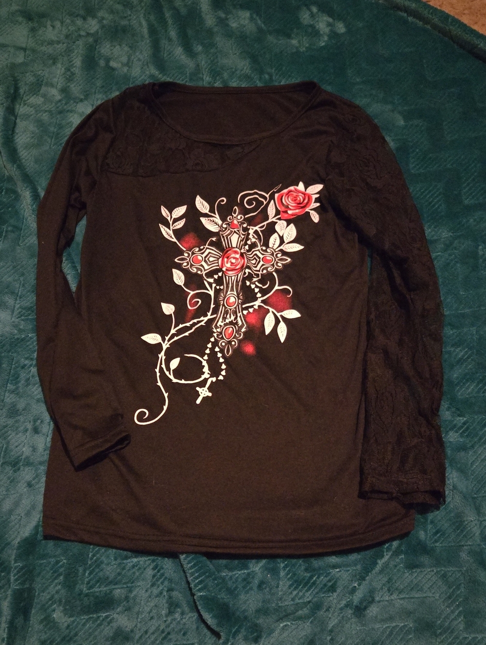 NWOT Black Long-Sleeve Women's Top with Rose and Cross Graphic